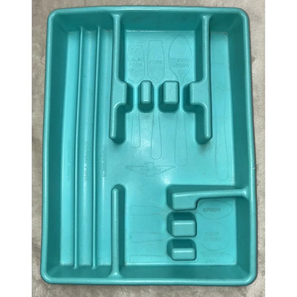 PLAS-TEX‎ Divided Silverware  Flatware Storage Tray Blue Turquoise USA Vintage